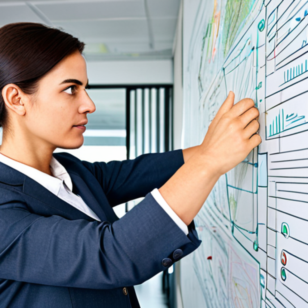 A focused professional, gender-neutral, in a modest business suit, standing in a brightly lit modern office. They are intently looking at a large, intricate concept map drawn on a glass whiteboard, with lines and keywords connecting, representing a complex business idea becoming clear. Their expression shows a moment of profound insight and clarity. The scene features a clean, organized workspace in the background. High-resolution, professional photography, perfect anatomy, correct proportions, natural pose, well-formed hands, proper finger count, natural body proportions, fully clothed, appropriate attire, safe for work, appropriate content, professional, modest.