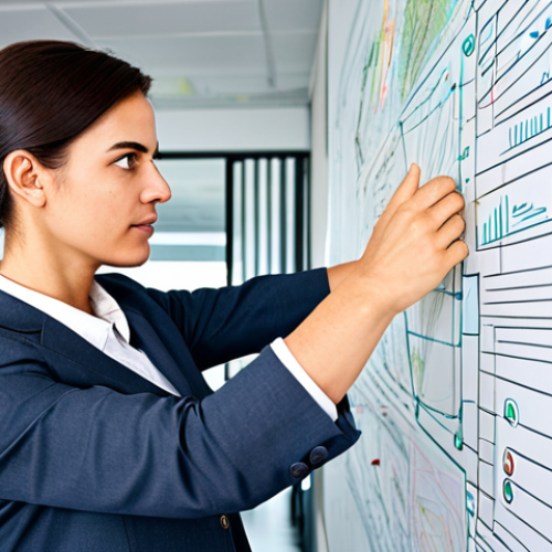 Home 11 A focused professional, gender-neutral, in a modest business suit, standing in a brightly lit modern office. They are intently looking at a large, intricate concept map drawn on a glass whiteboard, with lines and keywords connecting, representing a complex business idea becoming clear. Their expression shows a moment of profound insight and clarity. The scene features a clean, organized workspace in the background. High-resolution, professional photography, perfect anatomy, correct proportions, natural pose, well-formed hands, proper finger count, natural body proportions, fully clothed, appropriate attire, safe for work, appropriate content, professional, modest.