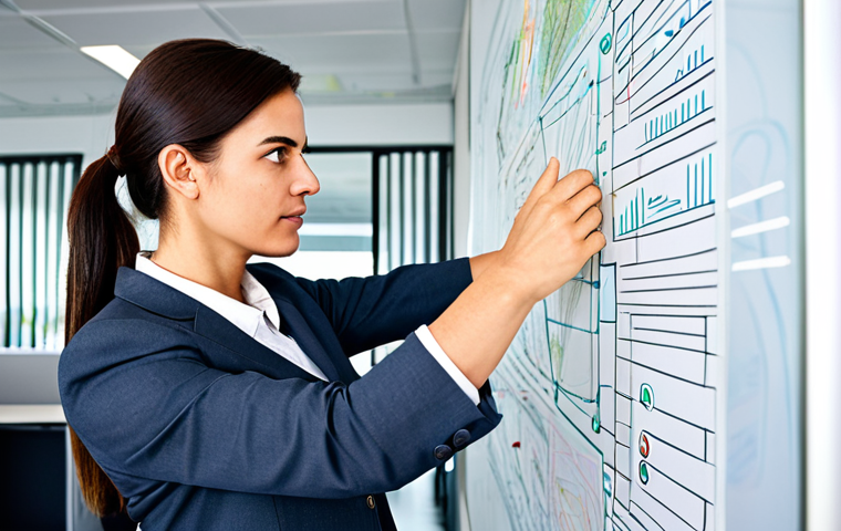 A focused professional, gender-neutral, in a modest business suit, standing in a brightly lit modern office. They are intently looking at a large, intricate concept map drawn on a glass whiteboard, with lines and keywords connecting, representing a complex business idea becoming clear. Their expression shows a moment of profound insight and clarity. The scene features a clean, organized workspace in the background. High-resolution, professional photography, perfect anatomy, correct proportions, natural pose, well-formed hands, proper finger count, natural body proportions, fully clothed, appropriate attire, safe for work, appropriate content, professional, modest.